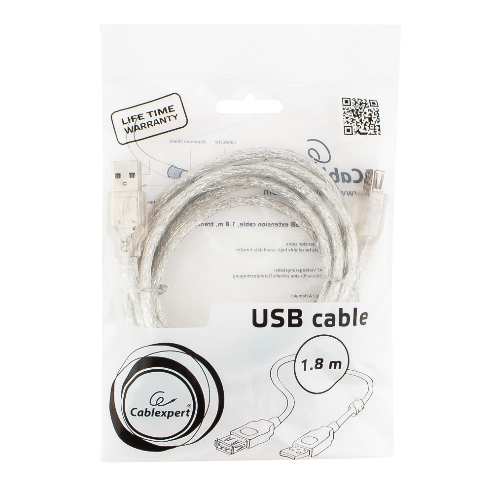 Кабель USB 2.0 A(m) - A(f)  1.8m Gembird Cablexpert (CCF-USB2-AMAF-TR-6) (прозрачный)