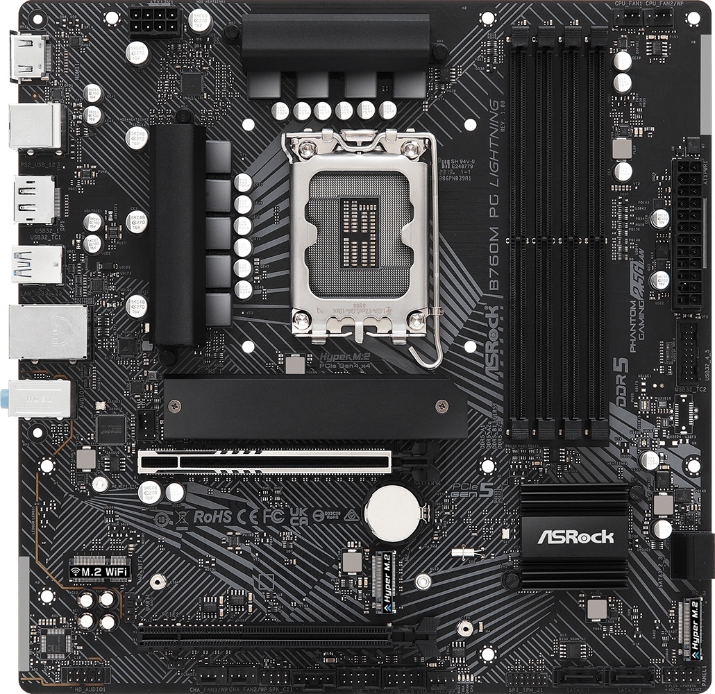 Сист.плата ASRock B760M PG Lightning <1700 B760 4xDDR5 4xSATA3 3xM.2 2xPCIe16 HDMI DP USB3.2 mATX>