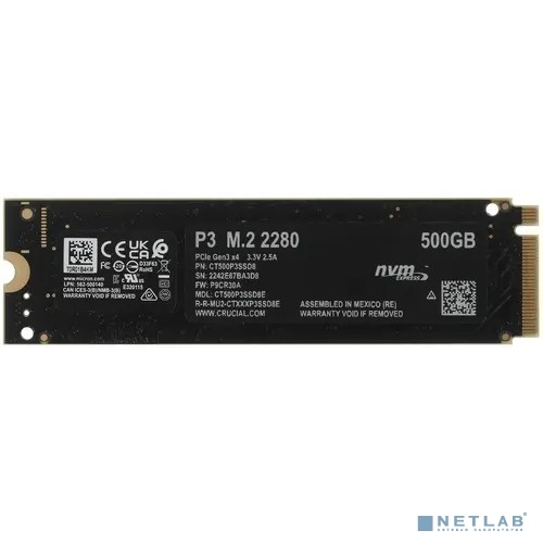 Накопитель SSD  500GB Crucial P3 (CT500P3SSD8) <M.2 2280, NVMe, PCI-Ex4 3.0>