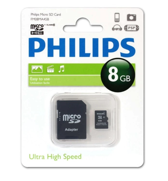 Карта памяти MicroSD   8GB PHILIPS Class 10 + адаптер (FM08MA45B/97)